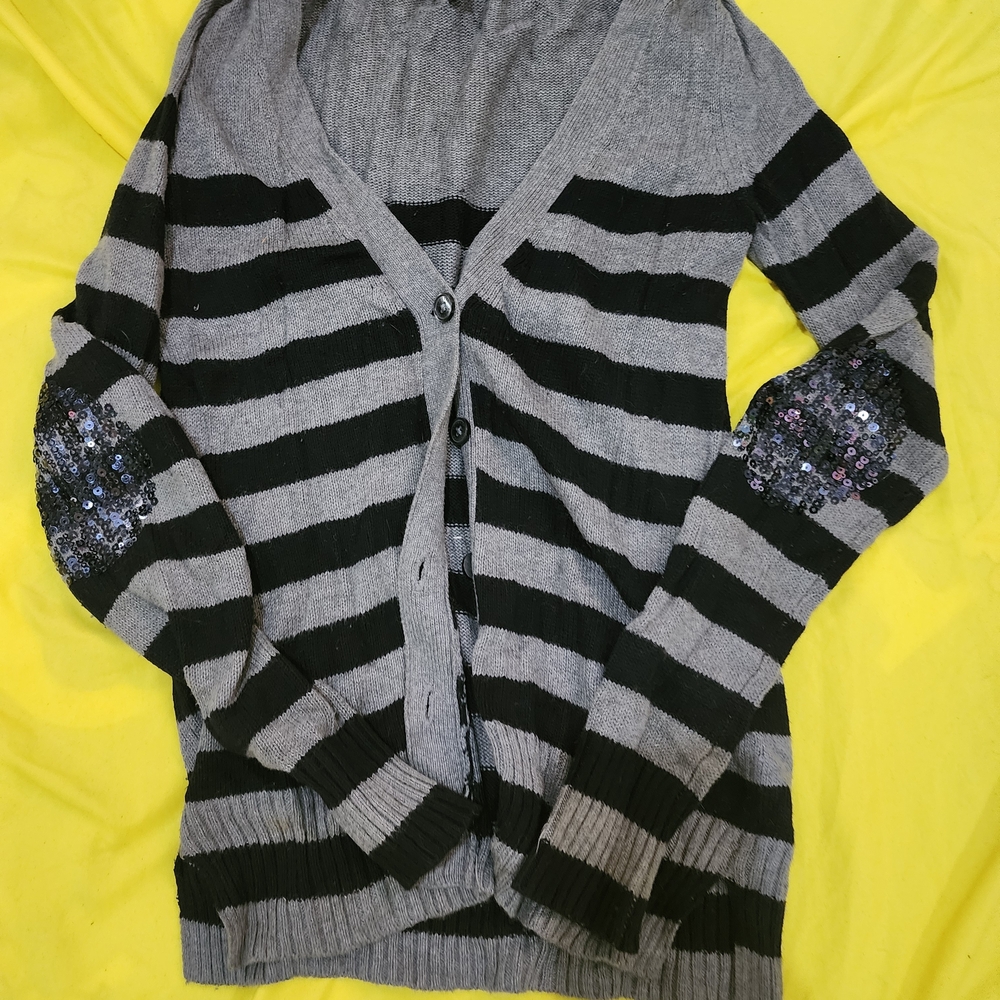 Express Gray and Black Cardigan Sweater with Stripes